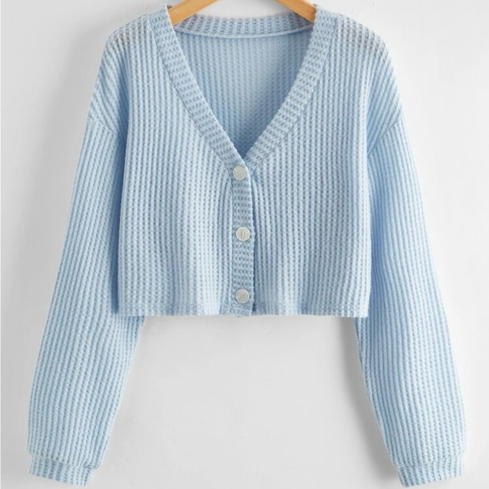 Blue button cardigan, size M, US 6